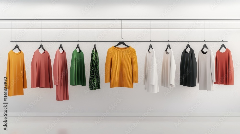 A colorful display of various garments hanging on hangers, showcasing a range of styles and colors in a minimalist setting. A colorful display of various garments hanging on hangers, showcasing a range of styles and colors in a minimalist setting.