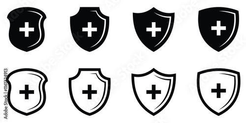 Shield with cross icon. Health protection shield with plus sign. Medicine shield icon.
