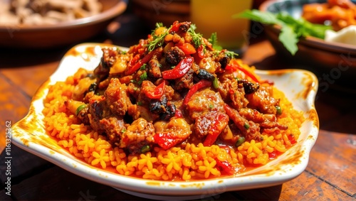 A vibrant plate of spicy rice topped with tender meat and colorful vegetables, garnished with fresh herbs, presented in warm natural lighting. Generative, AI, photo