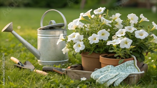 Close-up of white trailing petunias (calibrachoa), watering can, plant pots and gardening equipment on a lawn ready for repotting,
 photo