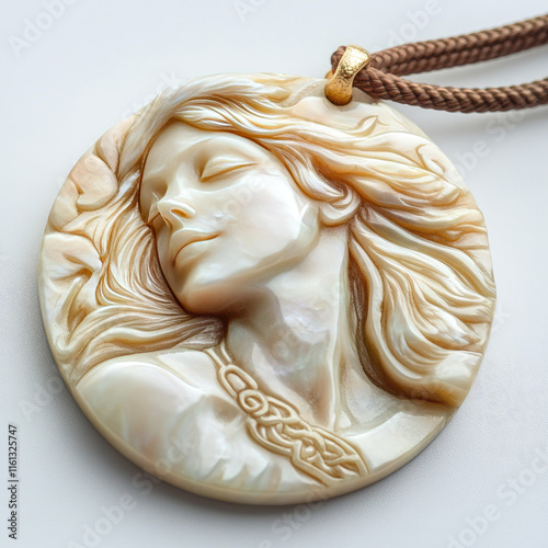 Pendant with a 3D volumetric image of a woman's face close-up on a cord, isolated, on a white background in vanilla and beige tones. Stylish handmade decoration. Romantic, delicate design in bas-relie