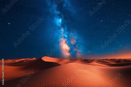 Photo réaliste professionnelle d’un paysage désertique époustouflant avec des dunes de sable ondulées sous un ciel nocturne étoilé, avec la Voie lactée clairement visible