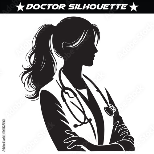 Black silhouette of a doctor or Healthcare Professional with thick outline side view isolated 