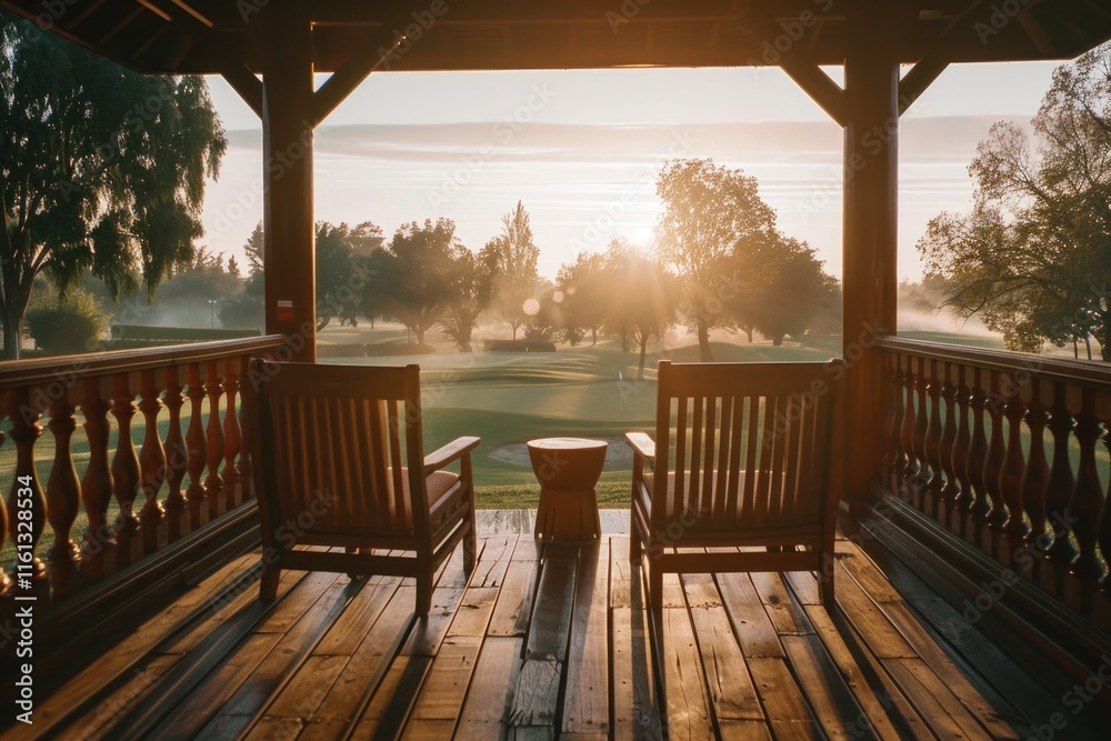 The image depicts a serene view from the patio of a golf course during sunset. The wooden deck overlooks the green, with benches inviting visitors to relax and enjoy the tranquil surroundings. The image depicts a serene view from the patio of a golf course during sunset. The wooden deck overlooks the green, with benches inviting visitors to relax and enjoy the tranquil surroundings.