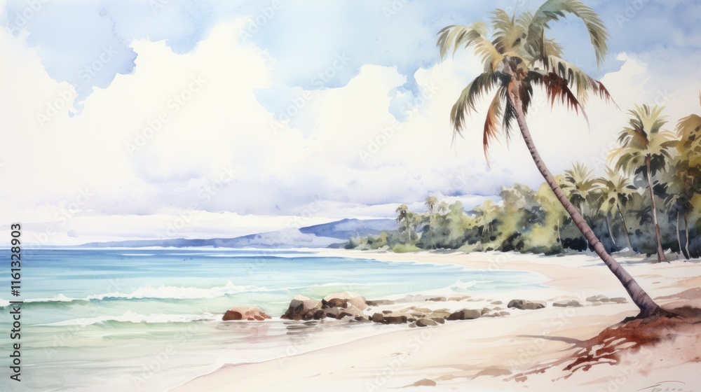 Naklejka premium Serene Tropical Beach Watercolor Painting: Palm Trees, Ocean, and White Sand