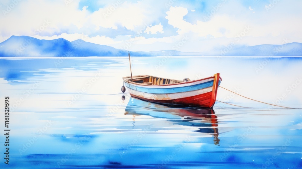 Fototapeta premium Tranquil Waterscape: A Solitary Boat on a Serene Lake
