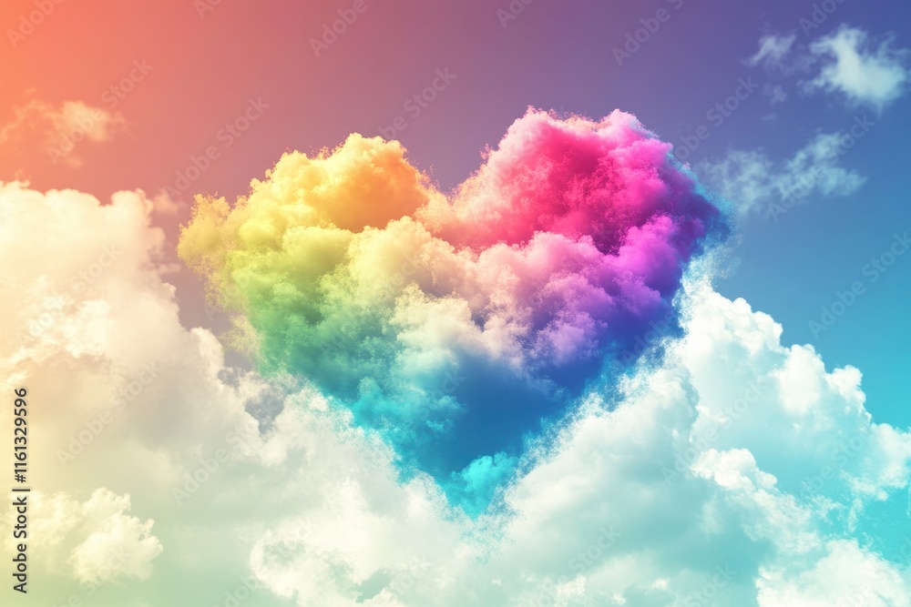 Fototapeta premium A heart-shaped formation of colorful clouds fills the sky at sunset, blending vibrant hues of pink, purple, and orange against a backdrop of soft white clouds.