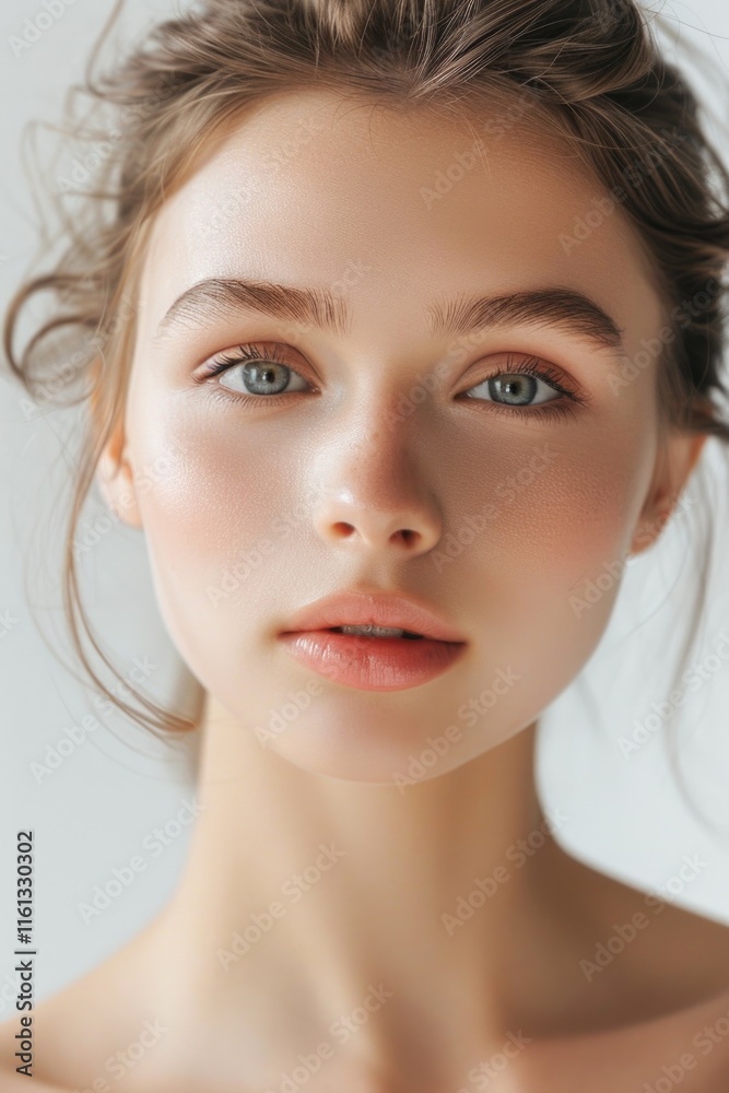A woman's face looking directly at the camera with a soft, natural makeup look and smooth, radiant complexion. A woman's face looking directly at the camera with a soft, natural makeup look and smooth, radiant complexion.