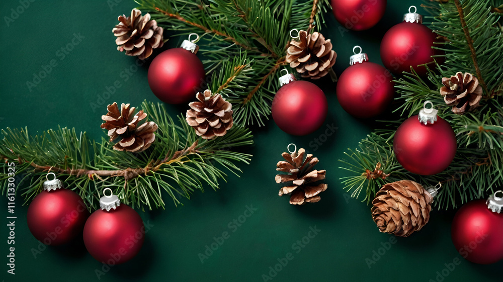 Festive New Year's decorations and pinecones beautifully arranged on a vibrant green background, evoking a natural holiday charm. Festive New Year's decorations and pinecones beautifully arranged on a vibrant green background, evoking a natural holiday charm.