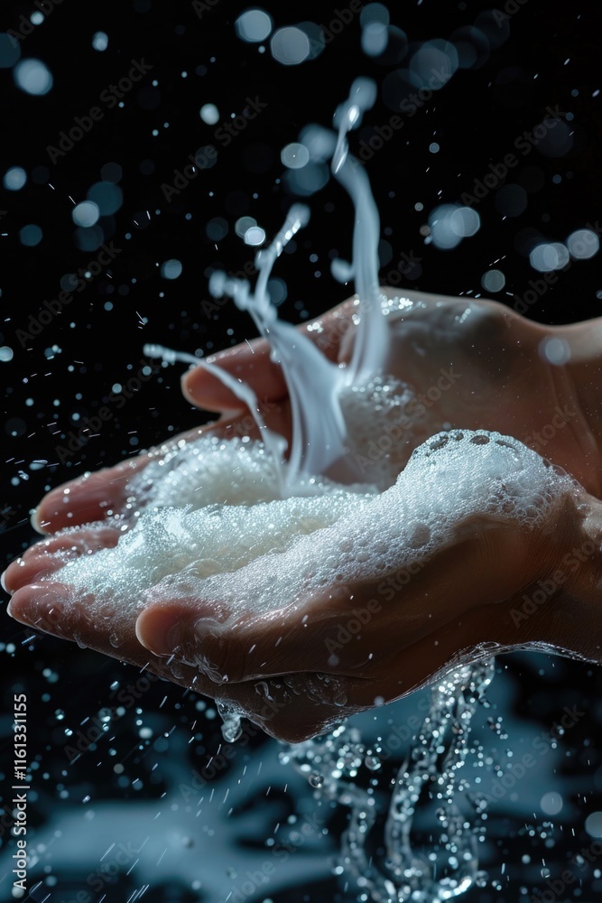 Fototapeta premium The image depicts a person washing their hands with soap. Foamy suds are being formed and are flying through the air, suggesting vigorous handwashing.