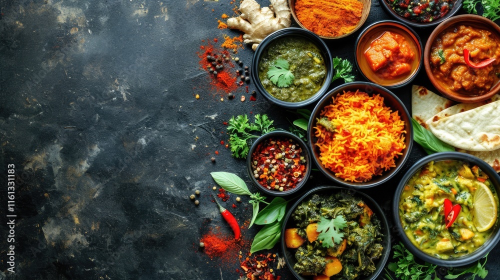 A vibrant array of diverse Indian dishes and sauces, showcasing the rich flavors from multiple regions. A vibrant array of diverse Indian dishes and sauces, showcasing the rich flavors from multiple regions.