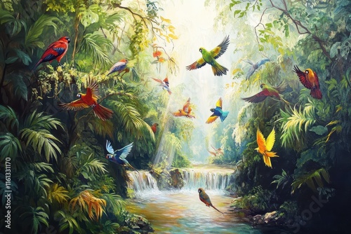 A tropical rainforest awakens with vibrant birds soaring above a flowing waterfall. Lush foliage surrounds the scene, showcasing the beauty of nature in harmony with wildlife.