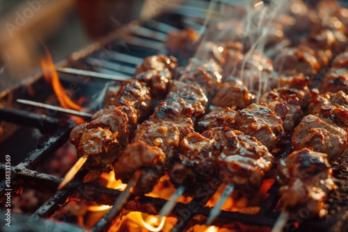 Delicious shish kabobs freshly grilled over a fire.