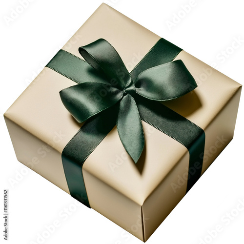 Elegant gold gift box wrapped with green ribbon on transparent background