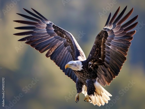 An eagle gracefully flying with wings outstretched, against a backdrop of the natural world. photo