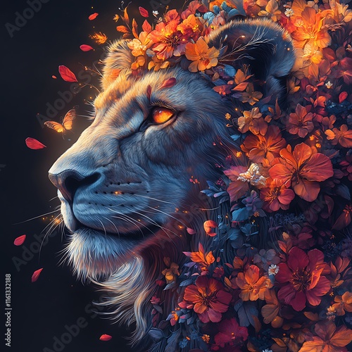 Surreal Lion Portrait Highlighting Vibrant Nature Themes in Stunning Photo photo