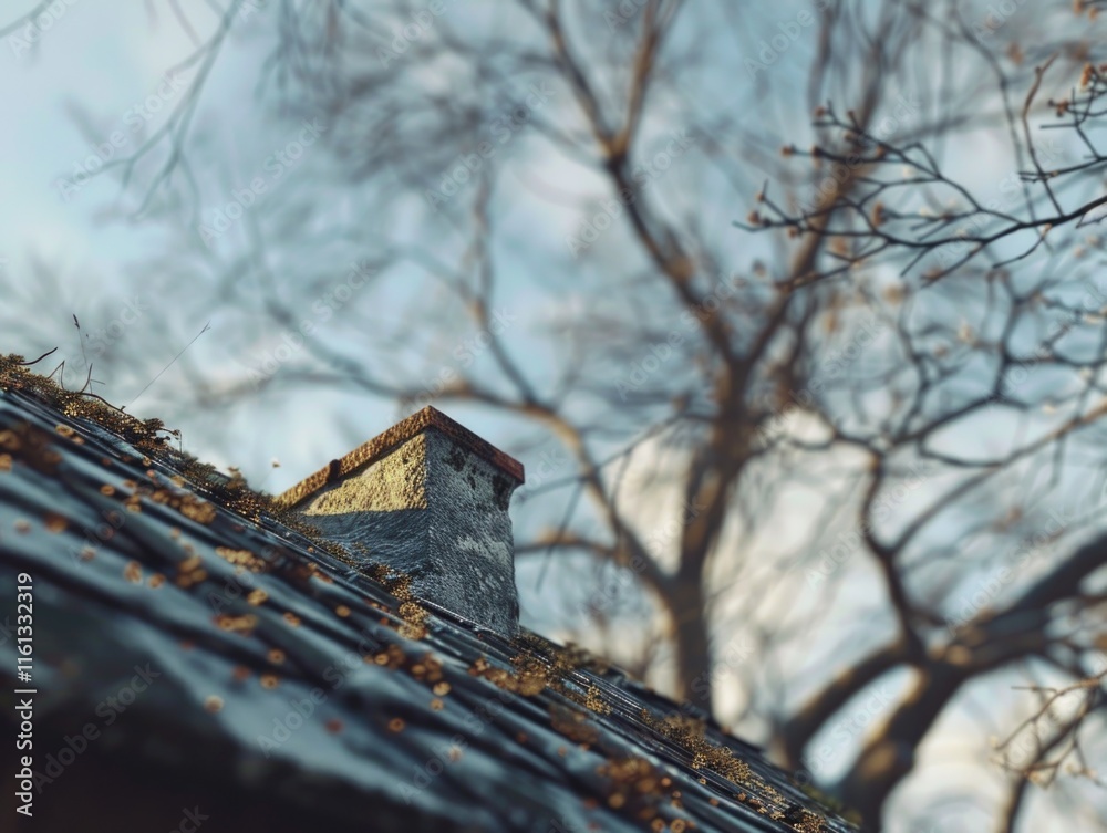 Close-up of roof with patches of moss and lichen growing on it, indicating a damp or overgrown environment. Close-up of roof with patches of moss and lichen growing on it, indicating a damp or overgrown environment.