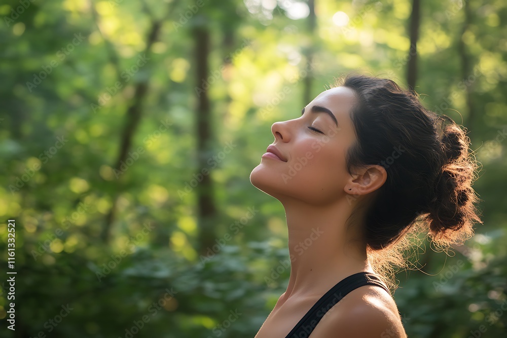 A serene woman practices yoga in a lush forest, bathed in sunlight. Close-up of her calm face breathing deeply. High-resolution, natural lighting. Perfect for wellness and nature-themed designs. A serene woman practices yoga in a lush forest, bathed in sunlight. Close-up of her calm face breathing deeply. High-resolution, natural lighting. Perfect for wellness and nature-themed designs.