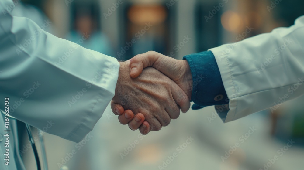 Two doctors or healthcare workers shaking hands in a clinical setting, symbolizing collaboration and professionalism. Two doctors or healthcare workers shaking hands in a clinical setting, symbolizing collaboration and professionalism.