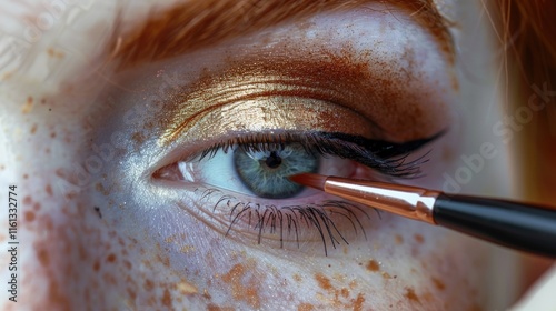 Hand applying gold eyeshadow on a person's eye. Product and process emphasis.