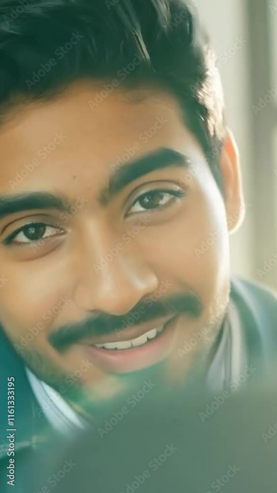 Close-up of a smiling man with natural sunlight streaming in. Positive lifestyle and happiness concept