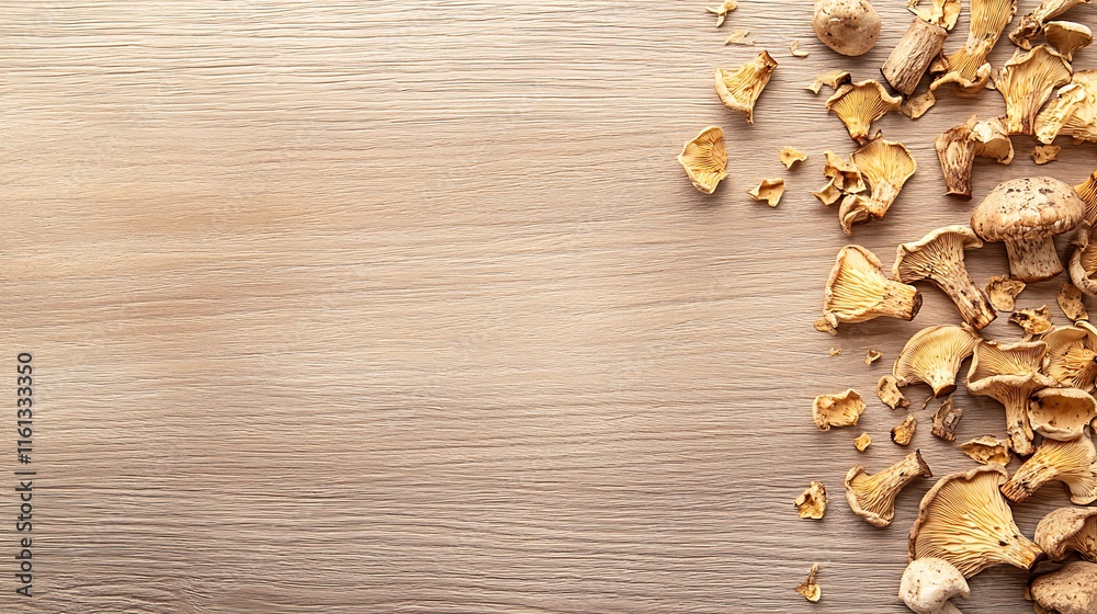 Top view of dried mushrooms on a wooden table with space for text or branding on the right side. Perfect for food designs, packaging, and social media posts with a rustic feel. Top view of dried mushrooms on a wooden table with space for text or branding on the right side. Perfect for food designs, packaging, and social media posts with a rustic feel.