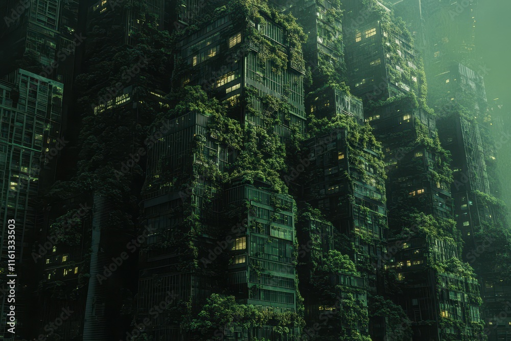 Obraz premium Futuristic buildings covered in greenery create a striking contrast against a dimly lit twilight sky.