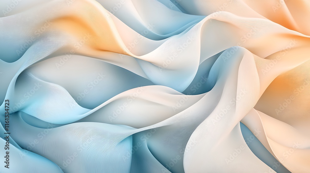 Obraz premium Elegant and calming abstract illustration of flowing chiffon waves in light blue and beige. Soft curves create a tranquil composition. Ideal for designs needing a peaceful and graceful aesthetic.