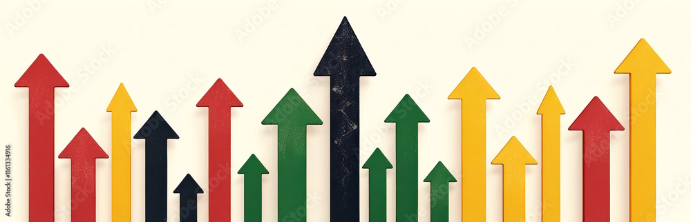 Wooden arrows pointing upwards in red, green, yellow, and black, symbolizing progress and Black History Month, concept of advancement and determination Wooden arrows pointing upwards in red, green, yellow, and black, symbolizing progress and Black History Month, concept of advancement and determination