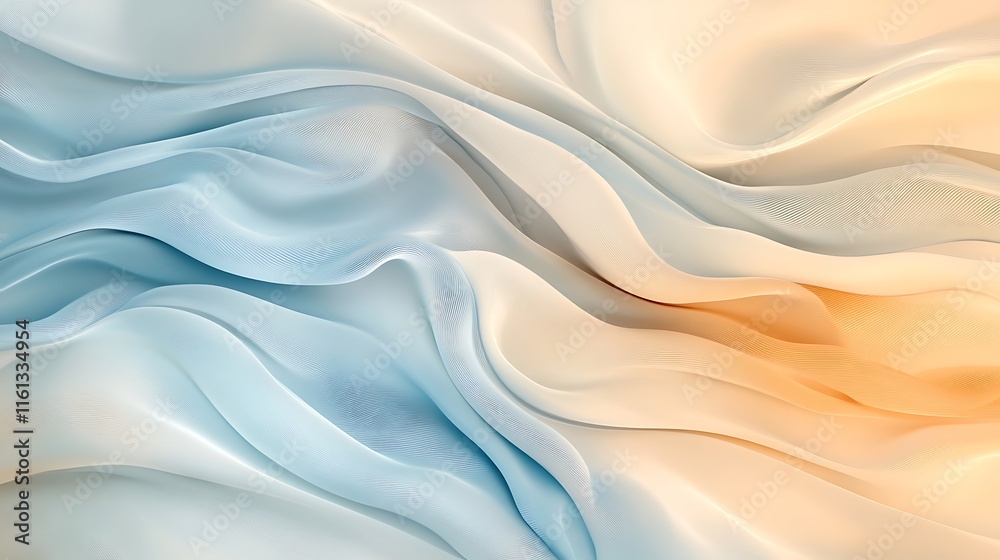 Obraz premium Elegant and calming abstract illustration of flowing chiffon waves in light blue and beige. Soft curves create a tranquil composition. Ideal for designs needing a peaceful and graceful aesthetic.
