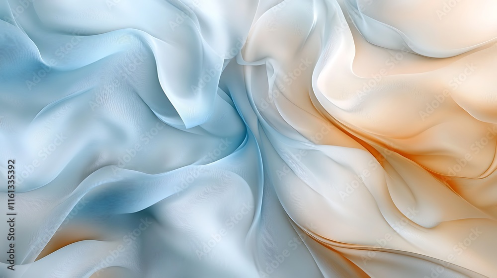 Obraz premium Elegant and calming abstract illustration of flowing chiffon waves in light blue and beige. Soft curves create a tranquil composition. Ideal for designs needing a peaceful and graceful aesthetic.
