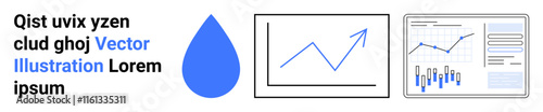 Water drop icon, line graph with arrow, bar chart and text template. Ideal for business, analytics, statistics, data visualization, infographic, presentation, financial reports. Landing page