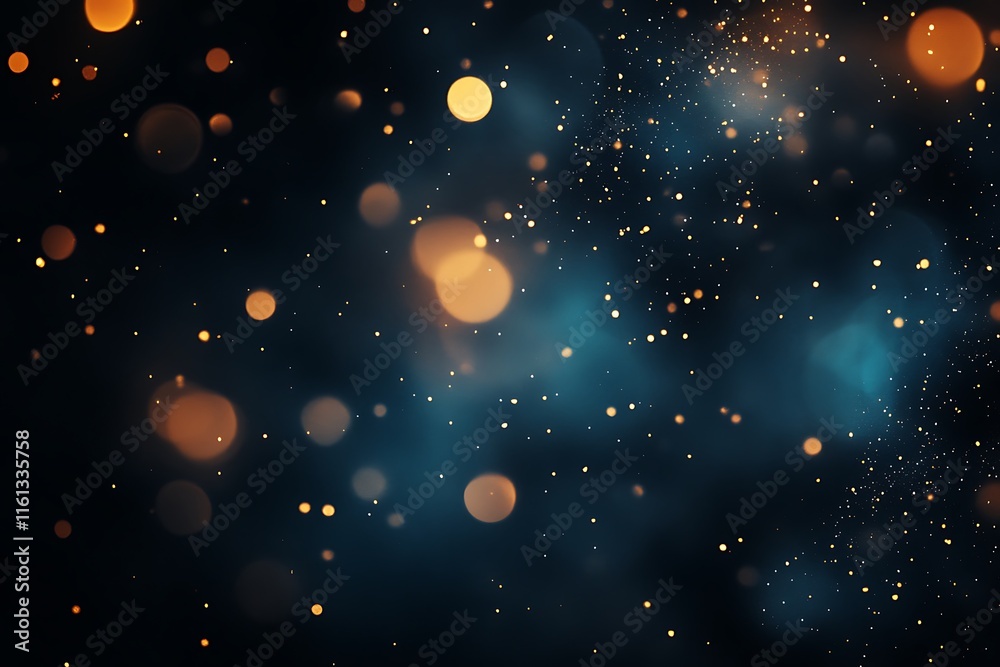 Obraz premium Abstract bokeh lights background in blue, gold, and black colors with glitter. Ideal for Christmas and New Year's concept. Festive and sparkling illustration perfect for holiday-themed designs.
