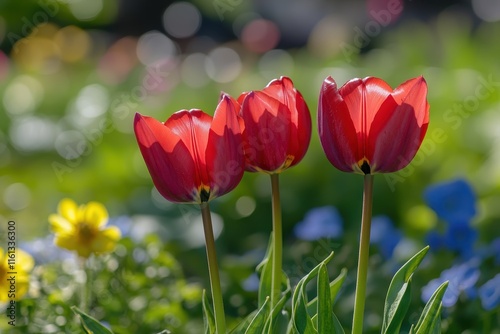 Three bright red tulips stand tall among an array of colorful flowers in a lush garden, celebrating the beauty of spring under a warm, sunny sky. photo