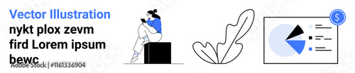 Free Download Woman sitting on a box using a smartphone, adjacent to an abstract leaf design and financial presentation with a pie chart and dollar sign. Ideal for technology, communication, finance, productivity - GFXLoad