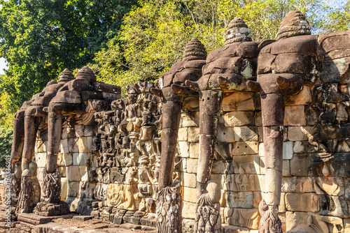 Terrace of elephants ceremonial wall of hindu sculptures, Angkor Thom Archaeological Park, Siem Reap, Cambodia photo