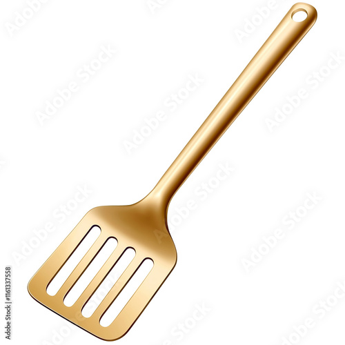 Golden spatula isolated on transparent background, kitchen utensil for cooking and serving