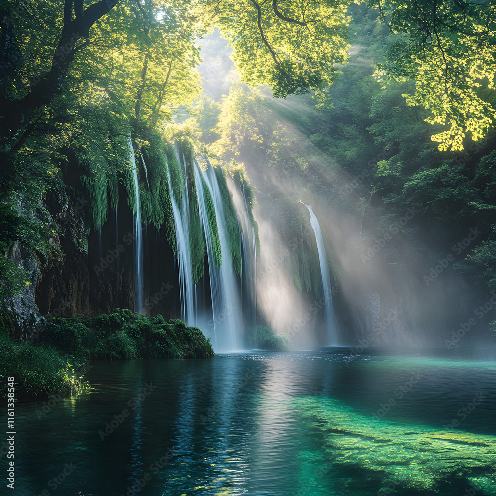 Misty Waterfall Enveloped by Lush Jungle with Sun Rays Streaming Through Misty Waterfall Enveloped by Lush Jungle with Sun Rays Streaming Through