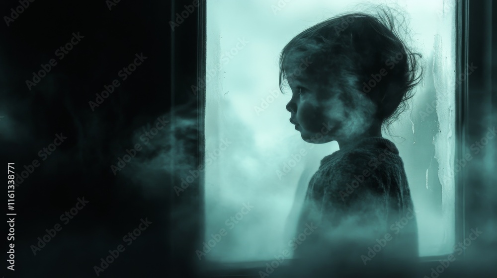 Fototapeta premium Silhouette of a child by a foggy window.