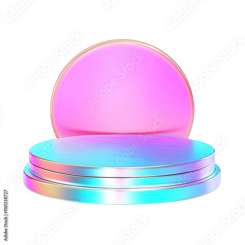 Round holographic podium displaying pastel colors on white background