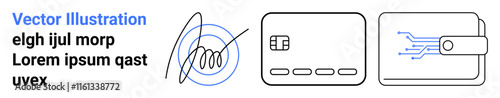 Digital wallet with integrated circuit next to a credit card and an abstract signature represents financial security, technology, online payments, digital identity, banking, modern finance