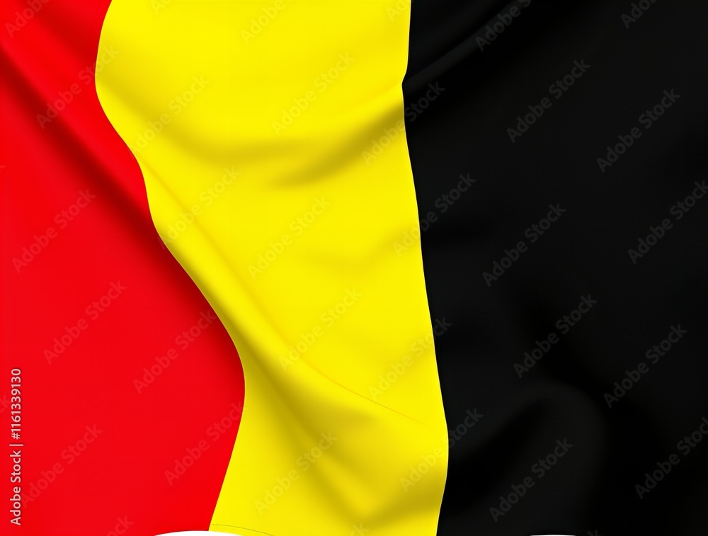 Belgian flag with black, yellow, and red vertical stripes waving on a flagpole, isolated on white background.
Belgian flag with black, yellow, and red vertical stripes waving on a flagpole, isolated on white background.
