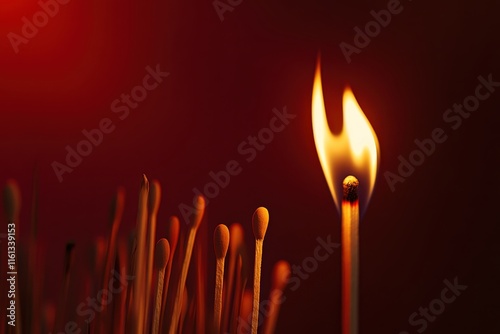 Lit matchstick among unlit matches on dark background igniting concept