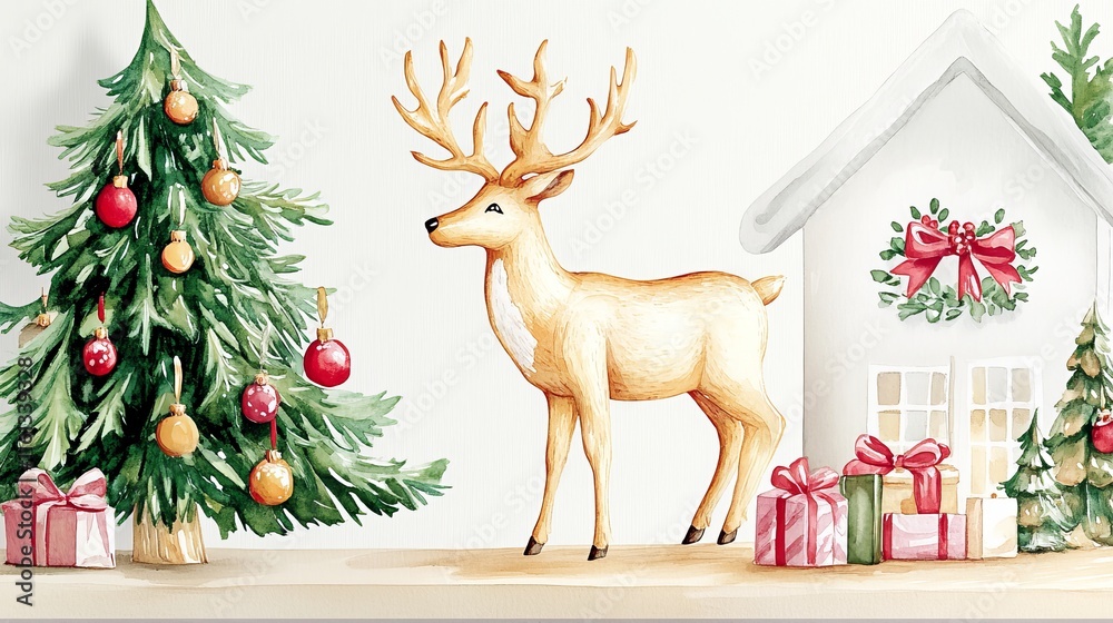 Christmas winter reunion concept. Christmas scene with a decorated tree, festive gifts, a reindeer, and a cozy house backdrop. Christmas winter reunion concept. Christmas scene with a decorated tree, festive gifts, a reindeer, and a cozy house backdrop.