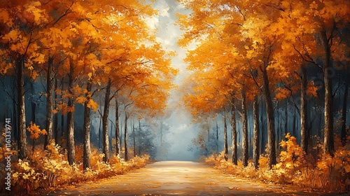 Vibrant Featuring Golden Autumn Forest Pathway with Radiant Falling Background