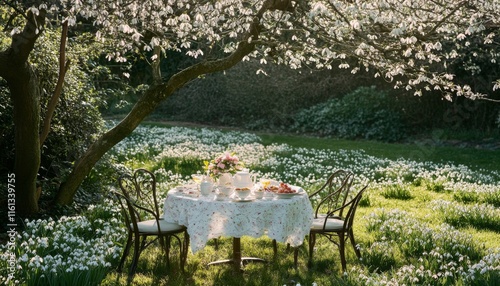 Fototapeta Naklejka Na Ścianę i Meble -  Spring garden tea party scene; table set with tea, pastries, flowers, under blossoming tree.