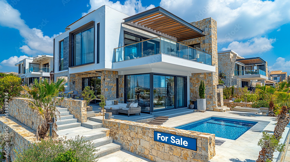 Fototapeta premium Main facade of a luxurious modern style house, very diaphanous, with the for sale sign