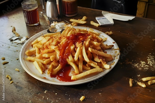 A cluttered table with a plate of cheesy, ketchup-drenched fries at the center, greasy smudges, and crumbs highlighting indulgence and evoking unhealth food and lifestyle photo