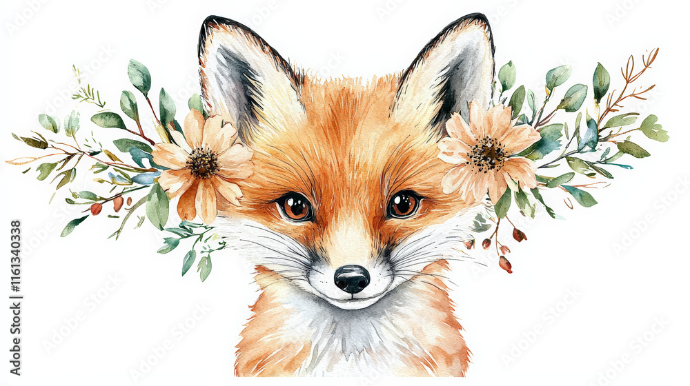 Obraz premium Cute baby fox with wildflowers, watercolor style on white background