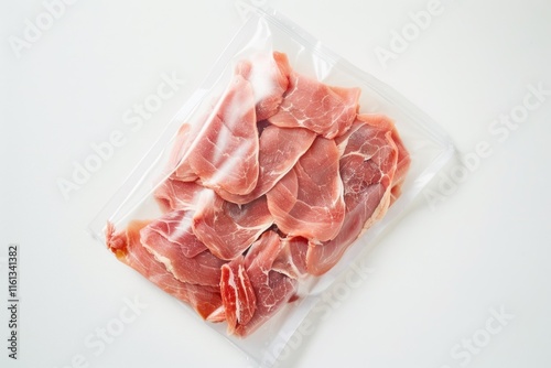 Clear plastic packaging containing thin slices of prosciutto, a type of Italian cured ham.